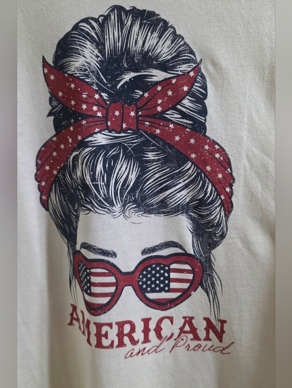 Womens Off White Graphic Tee with Red Americana Headband and Sunglasses